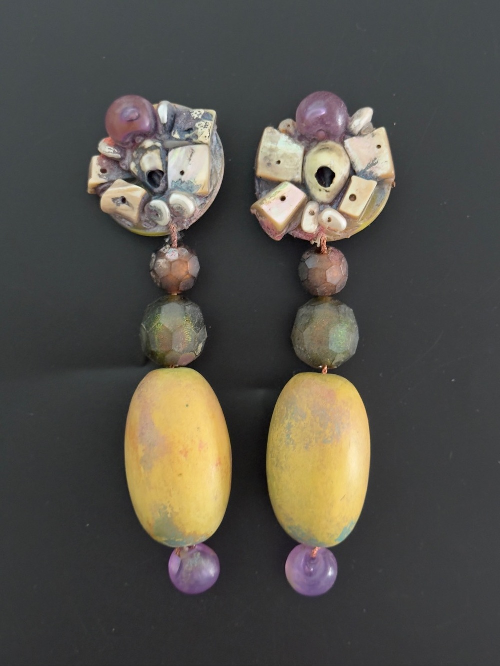 Artisan Yellow and Purple Beaded Drop Earrings